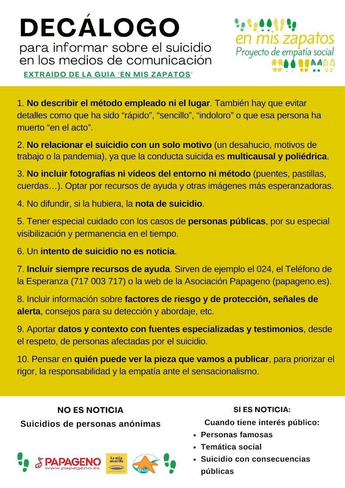 MariadeQuesada's tweet photo. Antes de publicar una noticia sobre suicidio debes saber ⬇️⬇️⬇️
Los suicidios de personas anónimas NO SON NOTICIA y contar el método causa EFECTO CONTAGIO en personas en riesgo de suicidio. #PeriodismoResponsable 
💛Descarga la guía completa: https://t.co/eTirMikmJl https://t.co/BSerkxtzyO