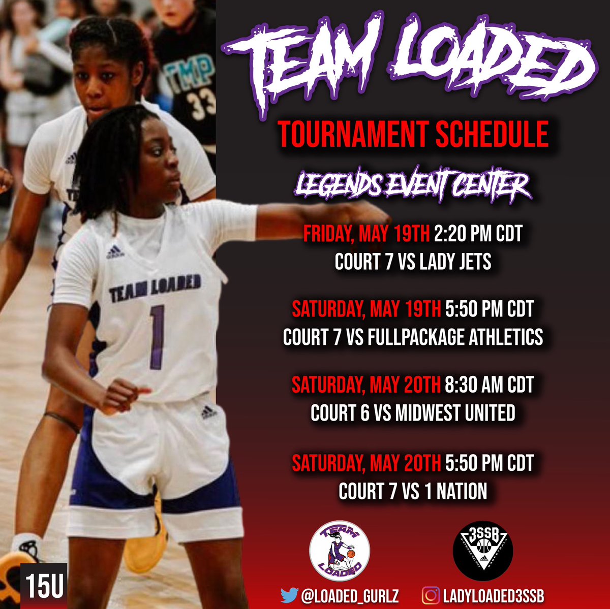 College Coaches, here are Team Loaded Schedules for this weekend in Bryan Texas at the Adidas 3SSB Chapter 1. Don’t miss out!!!!