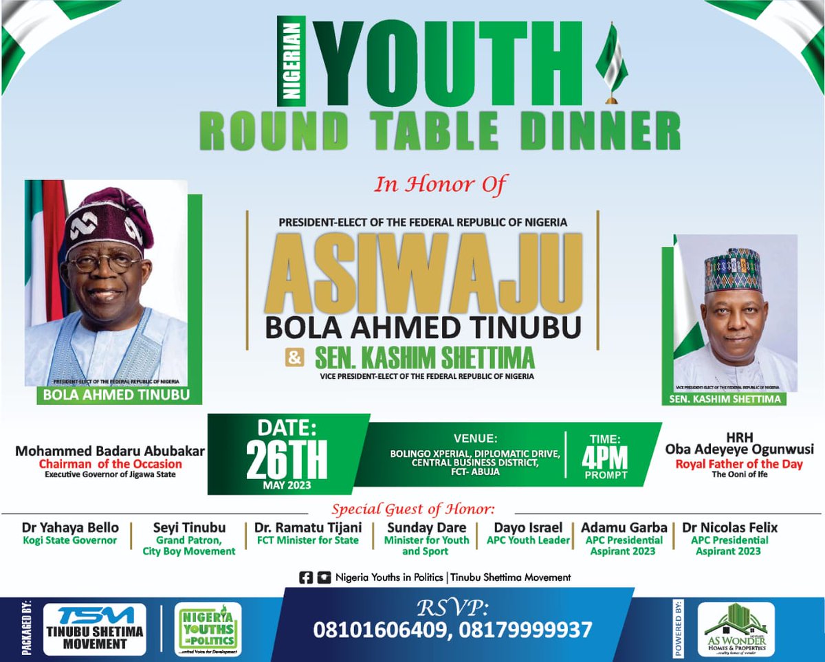 fbioyefeso's tweet photo. Nigeria Youths Round Table Dinner for ASIWAJU BOLA AHMED TINUBU | 26th May 2023 | @Bolingo Xperia | Strictly by Invitation | Nigeria Youths In Politics Stand Behind Asiwaju Victory ✌️| Who God bless, no man curse 🤭| #Legoo! @CityBoyMedia @officialABAT @dayoisrael @OfficialAPCNg https://t.co/jGoEZTESOd