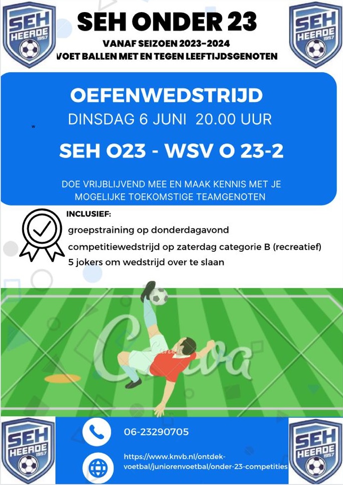 Naast een open training is het 25 mei bij SEH ook mogelijk vrijblijvend een oefenwedstrijd te spelen met het nieuw op te zetten O23-team! Tegenstander is <a href="/wsv_voetbal/">WSV Apeldoorn</a> O23-2 uit Apeldoorn. Meer info @ vvseh.nl/open-training-… #rt #heerde #recreatief #wijzijnseh