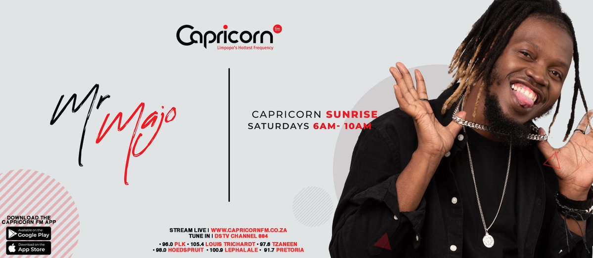 CapricornFM's tweet photo. The Coolest Kid in Limpopo, @mrmajo_AF is taking care of you on the #CapricornSunrise. Connect with him via WhatsApp on 079 899 6226!

ON AIR | @DitebogoRatheko and Vusani Moyo are taking care of your @CapricornFMNews updates. https://t.co/uWpZfFI5Eb