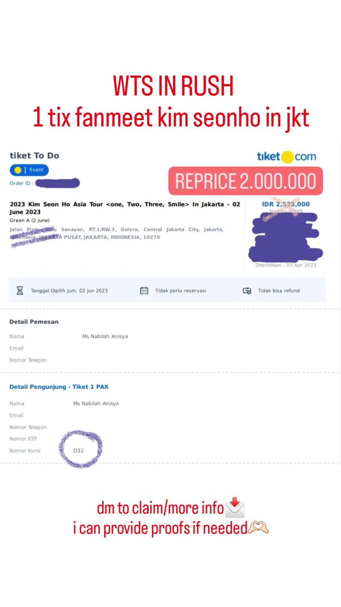 [retweets are appreciated]

wts / want to sell in rush
1 tix fanmeet kim seonho in jakarta
2 juni 2023 - additional show

‼️ONLY 2.000.000‼️
Green A - Row D

DM to claim/more info

#KimSeonHolnJKT
#OneTWOThreeSmilelnJKT
