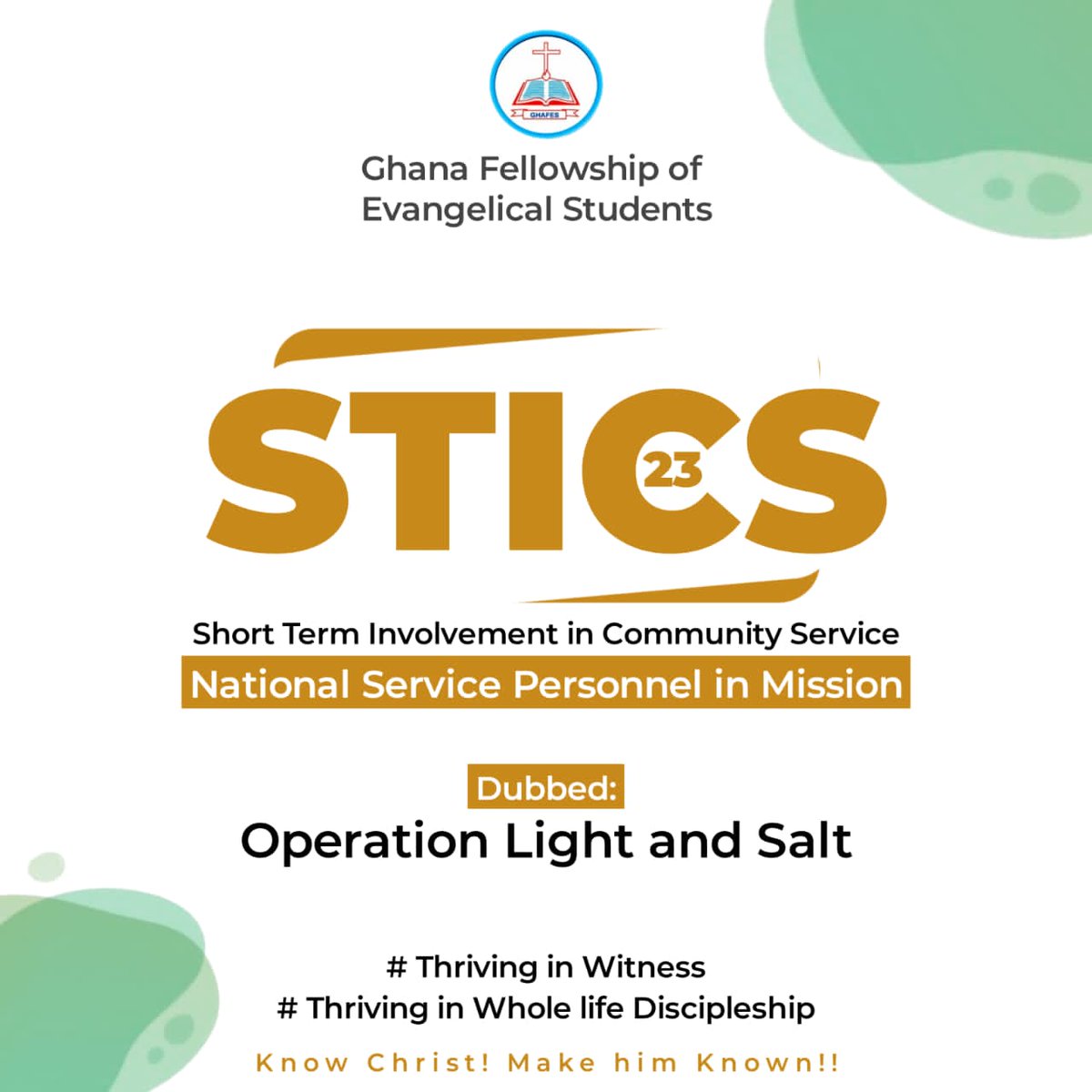 STICS 2023 💃💃

GHAFES offers final year students a golden opportunity,  through the STICS project, to reach the unreached with the gospel during National Service notwithstanding the area of study.

📍Sign up today!!

bit.ly/STICS2023regis…

#ThrivinginWitness