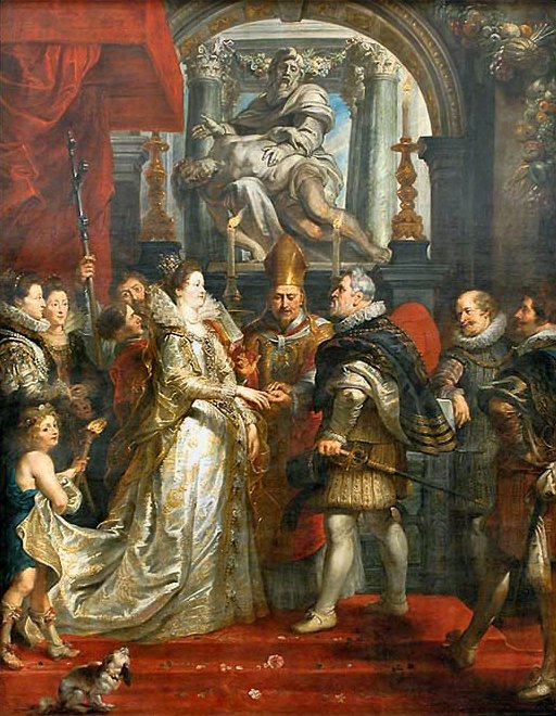 Nel Duomo di Firenze,il legato papale celebra le fastose nozze tra Maria de’Medici e il Granduca di Toscana che, nelle veci di Enrico IV re di Francia, le mette l’anello al dito. 
Rubens,'Matrimonio per procura di Maria de' Medici,'*1622 Louvre, Parigi.