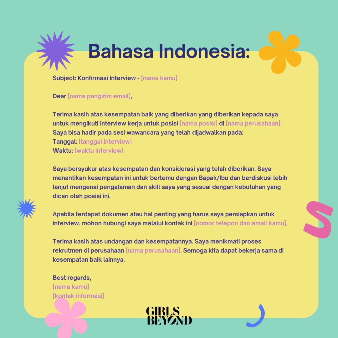 girlsbeyond_id's tweet photo. Email invitation buat interview kerja dan magang balesnya gimana sih? 🤔

Ini 📢template📢 yang biasa Gaby pake sampe bisa kepanggil interview! 😗✨

Mahasiswa dan freshgrads 💖 biar kesimpen! https://t.co/p6mBokPzOR