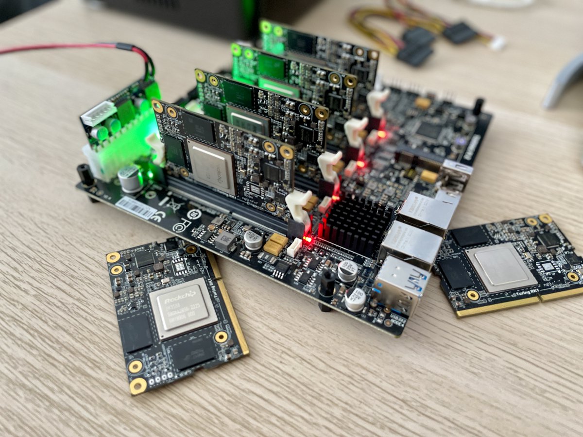 turingpi's tweet image. - 32 CPU cores 
- 24 TOPS NPU 
- 64GB RAM  
- ARMv8-A (64-bit) 
- TDP &amp;lt; 30W ⚡

Turing Pi 2 + Turing RK1: Mini ITX but mighty performance.
#EdgeComputing