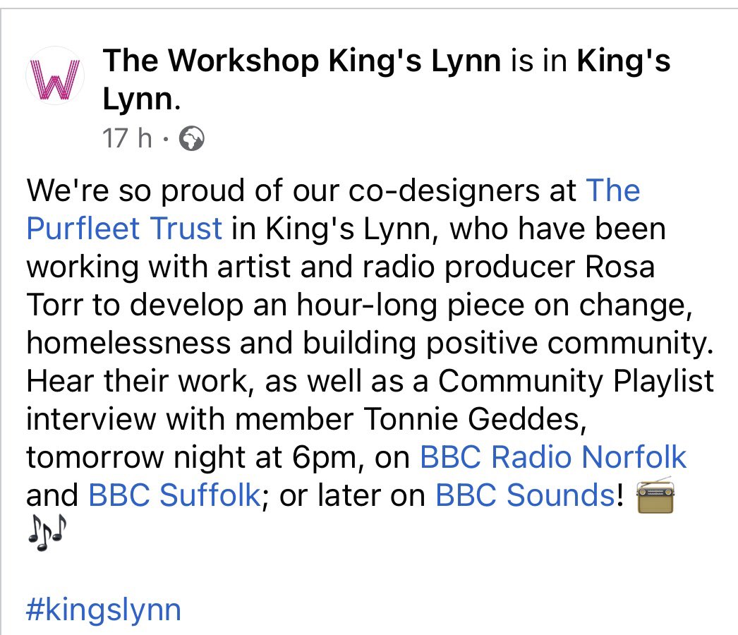 Can’t wait to listen to Roger and Tonnie tonight on @BBCNorfolk from 6pm So proud to be part of this amazing project with @theworkshopkl Please do tune in if you can or catch up on @BBCSounds It’s going to be a great show 🤩 #homelessness #kingslynn #community #radio