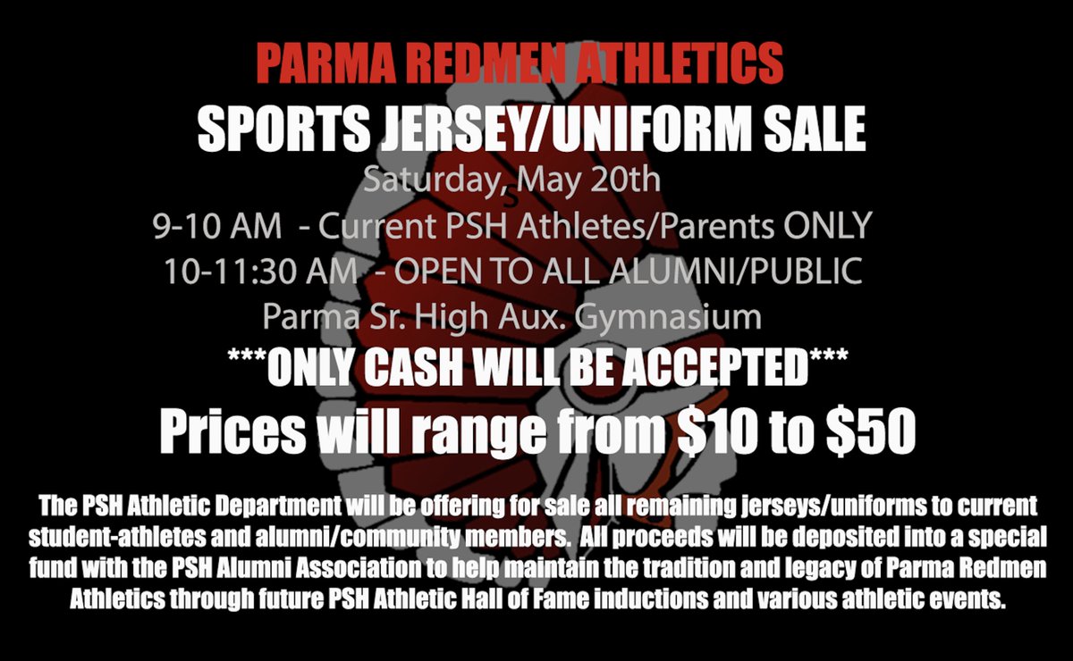 Jersey/Uniform sale is tomorrow, Saturday May 20th in the aux gym. Enter through the main gym doors. 9-10am is for current student-athletes/parents to purchase and 10-11:30am is for alumni and community members. Cash only is accepted. Prices will range from $10 to $50.