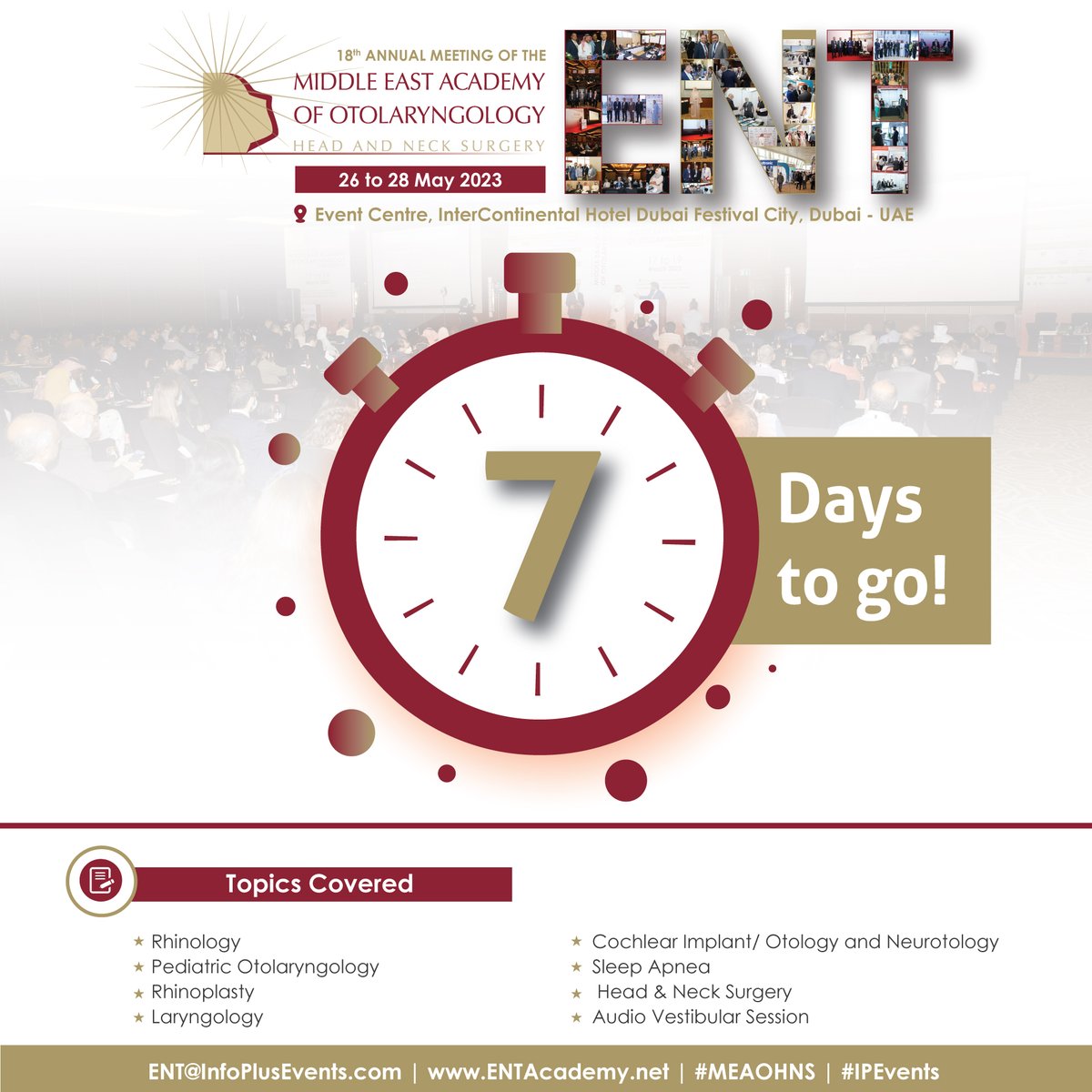 WIOME_ORL's tweet photo. 7 days left before the #MEAOHNS 2023 in Dubai, the largest Gathering of Otolaryngology in the MENA region! Take advantage of this opportunity to connect with int'l renowned speakers in the field of Otolaryngology &amp; stay up to date on the hottest trends &amp; techniques in the field. https://t.co/Wb3wWaKUmi