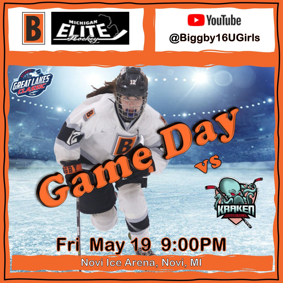 Opening game of the <a href="/playhockeyna/">PLAY Hockey</a> Great Lakes Classic tonight as the <a href="/michigan_elite/">Michigan_Elite_Hockey</a> 19U girls (powered by Biggby) take on the Niagara Falls Kraken.  #rollbeans #team2 #biggbyfamily

Pictured:  12 Olivia Lorelli (2025/2007)