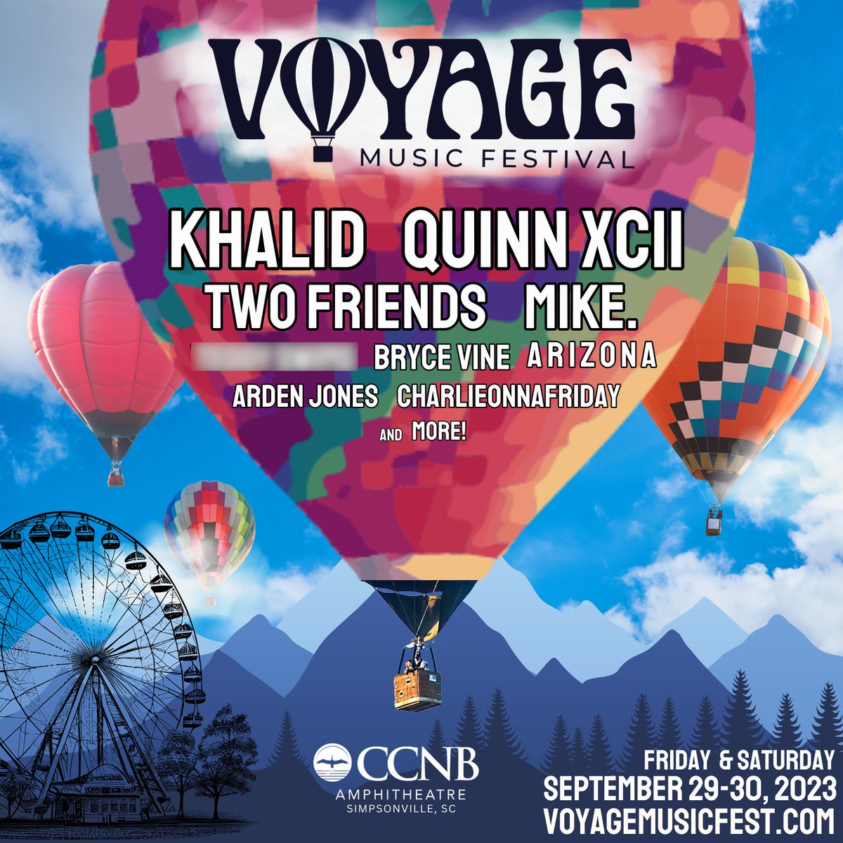 🎡 Tickets on sale now for #VoyageMusicFest 2023 featuring <a href="/thegreatkhalid/">Khalid</a> <a href="/QuinnXCII/">Quinn XCII</a> <a href="/TwoFriendsmusic/">Two Friends</a> <a href="/justMIKE/">mike.</a> <a href="/Arizona/">A R I Z O N A</a> <a href="/BryceVine/">Bryce Vine</a> <a href="/ArdenJones_/">Arden Jones</a> @Charlieonnafriday &amp; more - coming to <a href="/CCNBAmp/">CCNB Amphitheatre at Heritage Park</a> #Simpsonville Fri 9/29 &amp; Sat 9/30! Get yours here: bit.ly/VoyageMusicFes… 🎡