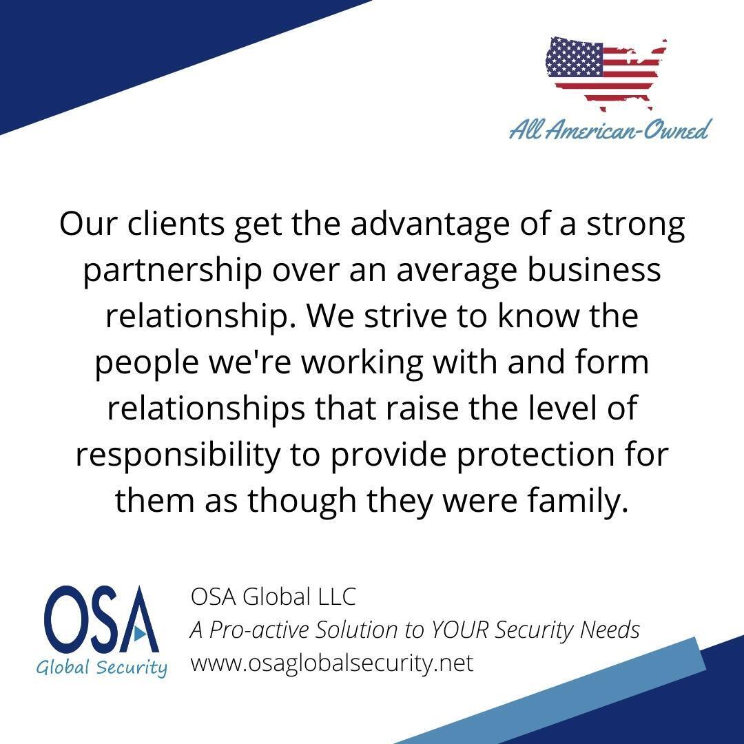 OsaGlobal's tweet photo. Our clients get the advantage of a strong partnership over an average business relationship. 

#SecurityGuard #SecurityGuards #SecurityGuardServices #SecurityGuardJobs #SecurityGuardTraining #Bradenton #BradentonBusiness #ShopLocalBradenton #Sharpsburg #SharpsburgBusiness https://t.co/ysgM4Xq2dY