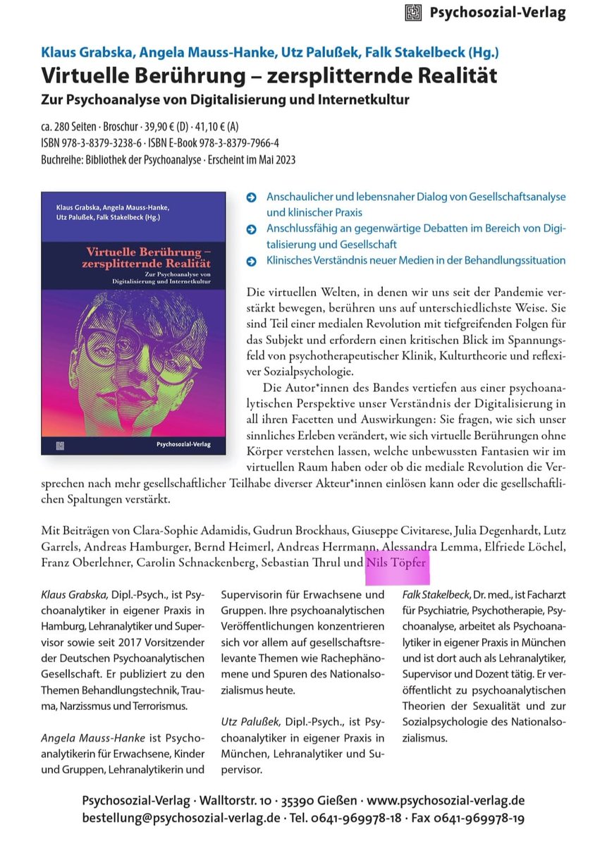 NilsFToepfer's tweet photo. Hab gerade mein Autorenexemplar von "Virtuelle Berührung - zersplitternde Realität" von @PsychosozialV erhalten. Mein Beitrag trägt den Titel "Die Verschleierung des Begehrens in der Internet-Pornografie: Paradoxie und Pluralität der Identifikation" https://t.co/F1hiDMPuoX https://t.co/fvcQFWrhTY