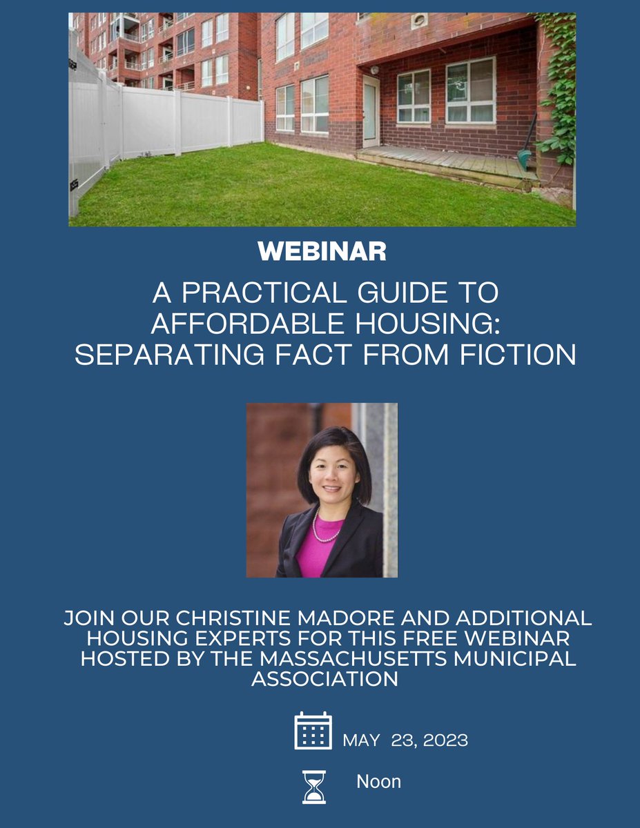 Interested in the “why” behind affordable housing &amp; importance of building complete neighborhoods? Join our  @MadoreChristine &amp; other experts for a webinar hosted by <a href="/massmunicipal/">Mass. Municipal Assn</a>  on May 23rd. bit.ly/3W2idyJ  <a href="/laura_shufelt/">Laura Shufelt</a> <a href="/CalClark17/">Callie Clark</a> <a href="/Data_Hopper/">Tom Hopper</a> <a href="/LisaAnnBraxton/">Lisa Braxton</a>