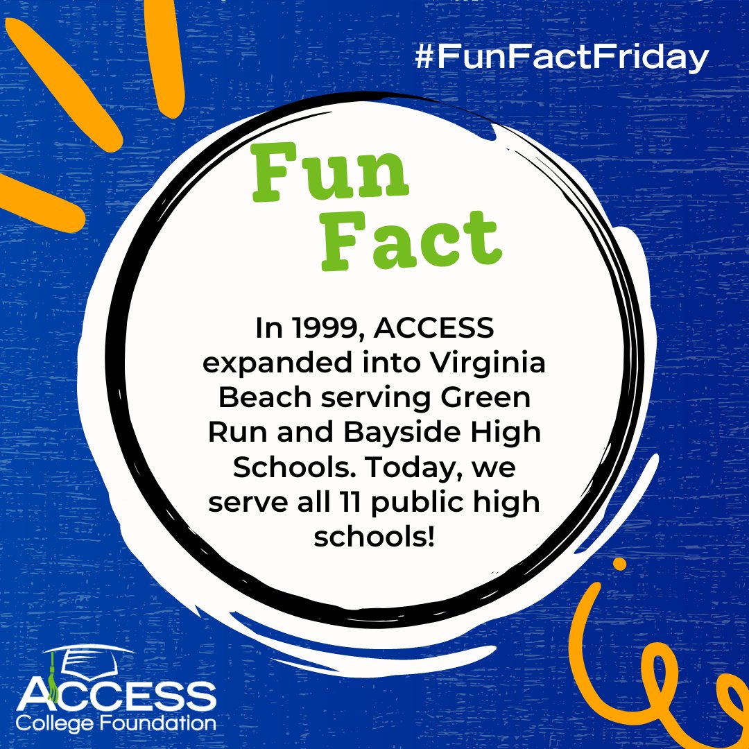 AccessCollegeFd's tweet photo. Fun Fact Friday-- In 1999, ACCESS expanded it services to @GRHS_Stallions and Bayside High Schools in Virginia Beach. Now we provide ACCESS services in all 11 public high schools within @vbschools. #funfact #accesstrivia https://t.co/KedWbQVIFw