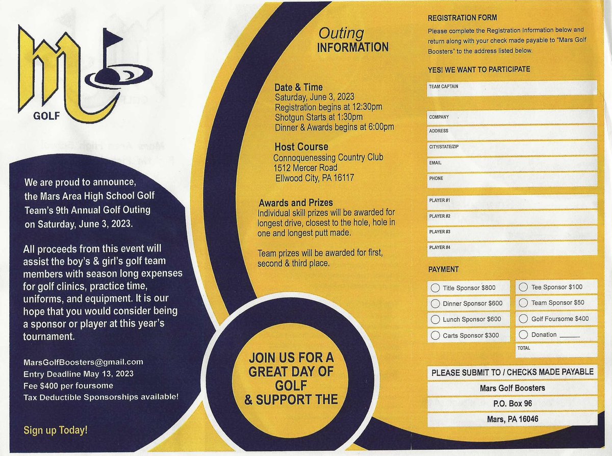 PlanetsGolf's tweet image. There is still time to join us on Saturday, June 3rd @ Connoquenessing CC for our 9th Annual Mars Golf Boosters Outing with all proceeds supporting the Boys &amp;amp; Girls Fightin Planets Golf Teams. Foursomes &amp;amp; Sponsorships are available. MarsGolfBoosters@gmail.com for more information