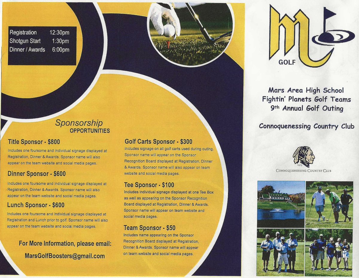 PlanetsGolf's tweet image. There is still time to join us on Saturday, June 3rd @ Connoquenessing CC for our 9th Annual Mars Golf Boosters Outing with all proceeds supporting the Boys &amp;amp; Girls Fightin Planets Golf Teams. Foursomes &amp;amp; Sponsorships are available. MarsGolfBoosters@gmail.com for more information