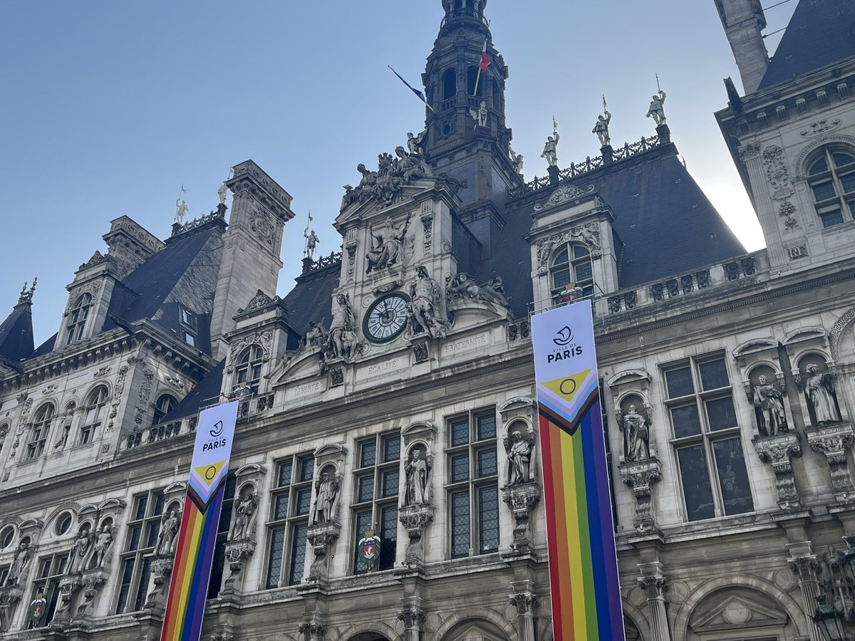 France celebrated 10 years of same sex marriage this week. Banners hang outside the Hotel de Ville in Paris to honor the LGBTQ+ community Carine from La Cuisine Paris says. @CCSUinParis #CCSUinParis #jrn450