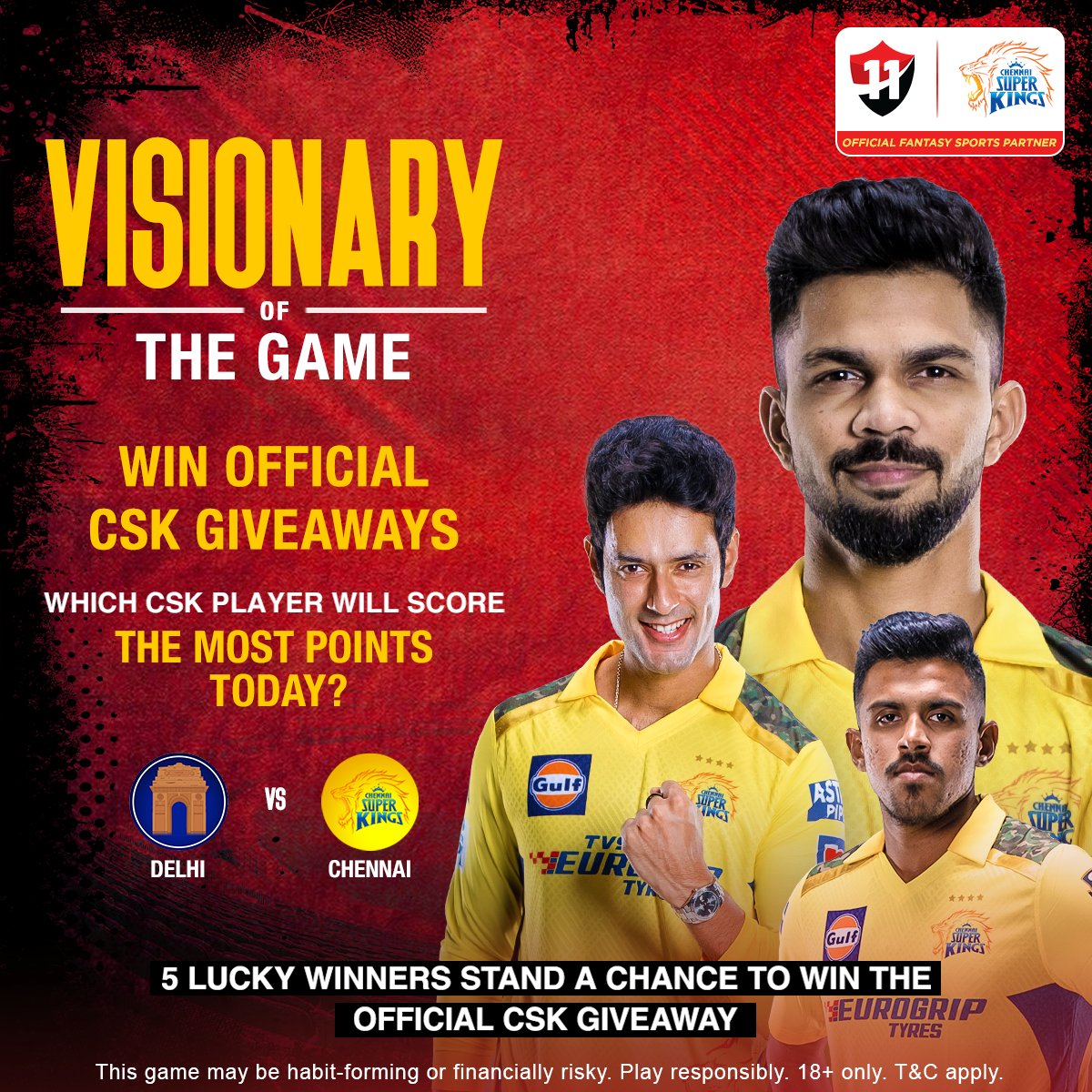 Vision11ofc's tweet photo. A player who'll change your destiny 🤩

Which 🦁 will you be backing tonight for the final run to the Playoffs ❓

Pick your 1️⃣1️⃣ on the Official Vision11 app now 📲

#Vision11 #ChennaiSuperKings #DCvCSK #CSK https://t.co/r7Hfjgh988