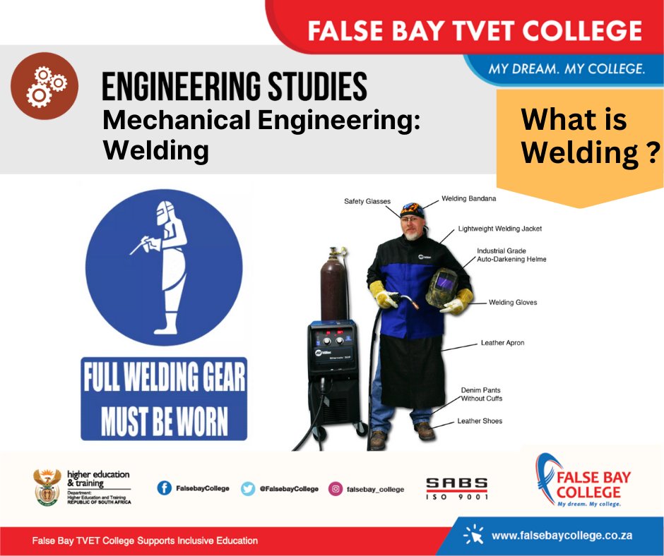 PPE is a valuable part of any welder. It is important for welders because there are hazards when welding, cutting, and brazing.

Applications are open to study mechanical engineering (wielding).

Click here to apply: falsebaycollege.co.za/engineering-st…
#FBCMyDreamMyCollege #Trimester2