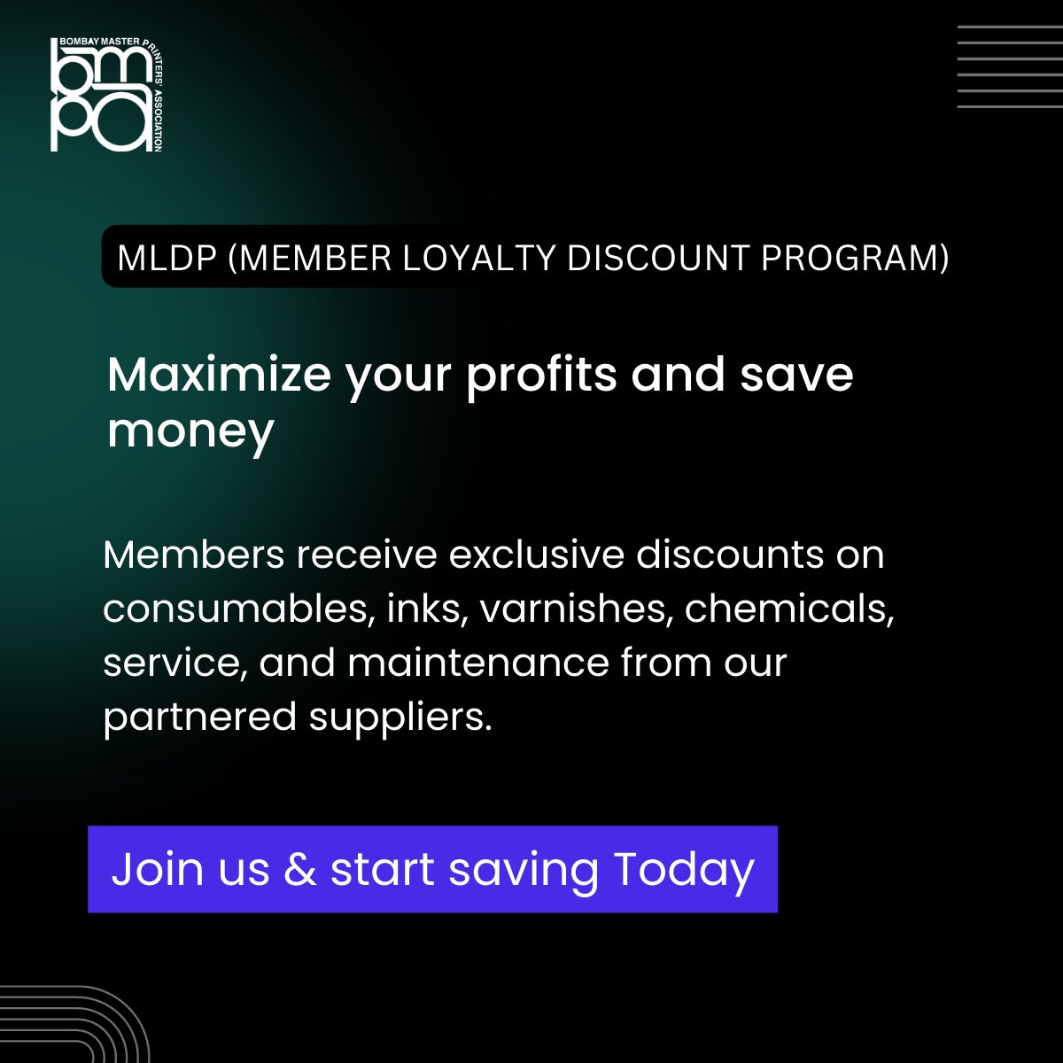 TheBmpa's tweet image. Join #BMPA's Member Loyalty Discount Program to maximize profits! 

Enjoy exclusive discounts on products, services, consumables, inks, varnishes, chemicals, and AMCs. 

Visit mldp.in 

#MLDP #BMPA #TeamBMPA #LetsDoMore