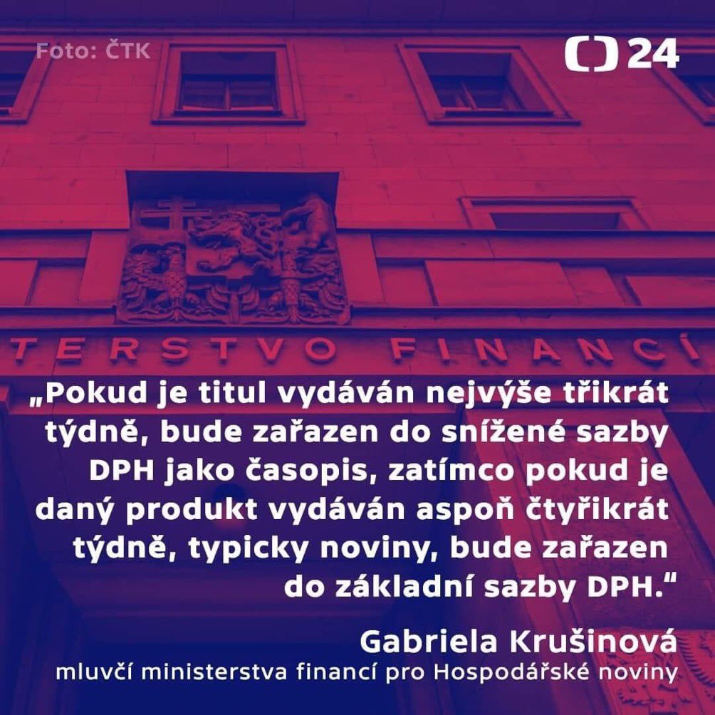 danusenerudova's tweet image. Mám takový nesmělý dotaz. Když bude ve středu státní svátek a titul kvůli tomu nevyjde 4x, ale 3x týdně, znamená to, že ten inkriminovaný týden bude titul levnější, protože bude v sazbě 12 %? Ptám se pro kamaráda.