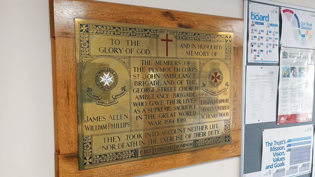 Recently came across a memorial plaque at a local <a href="/swasFT/">South Western Ambulance Service</a> amulance hub dedicated to <a href="/StJohnAmbulance/">St John Ambulance England</a> Plymputh volunteers who lost their lives during the Great War.

Amazing that these little snippets with our past pop up when we least expect it.