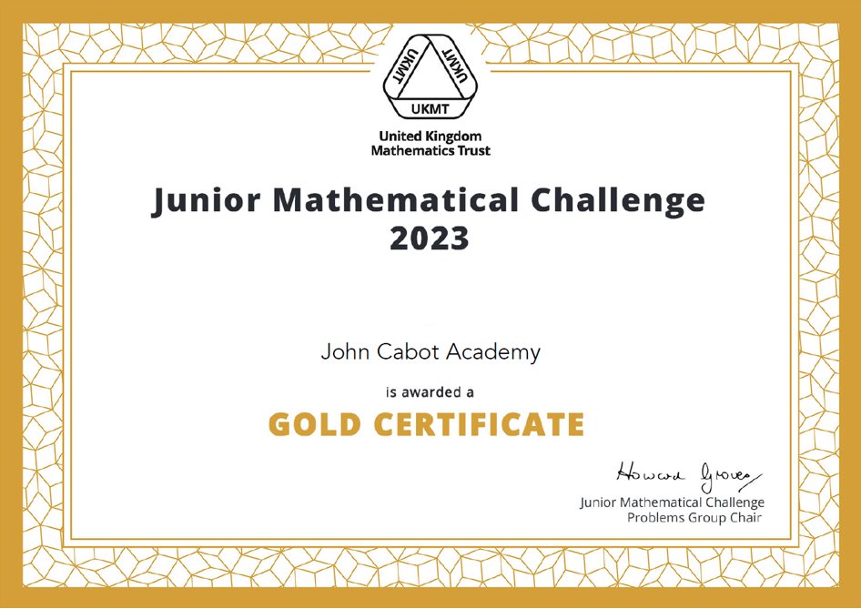 We recently had approx. 100 students take part in the UK Junior Maths Challenge.  Well done to all, and especially to the 24 students who achieved Bronze Certificates, the 18 pupils who achieved Silver Certificates and the 3 pupils who achieved incredible Gold Certificates