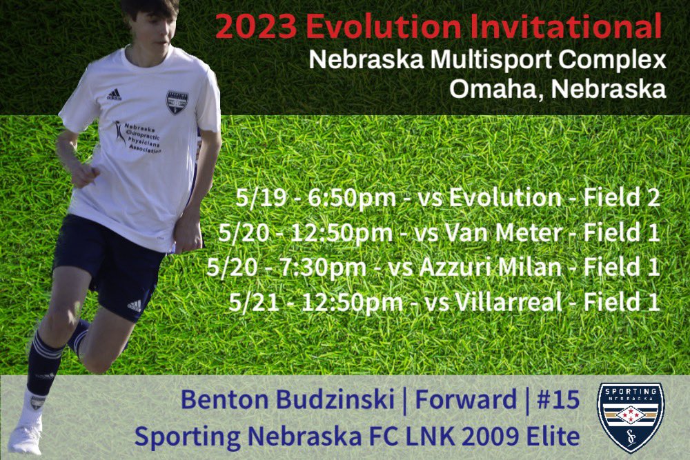 BentonBudzinski's tweet photo. Looking forward to the Evolution Invitational this weekend in Omaha, NE. Plus, couple of games against several of my former Nebraska ODP teammates, which is always great⦠and competitive. @SportingNE_FC #nebraskasoccer #representNE #soccerlife #soccer #evolutioninvitational https://t.co/zVw0ij3cMN