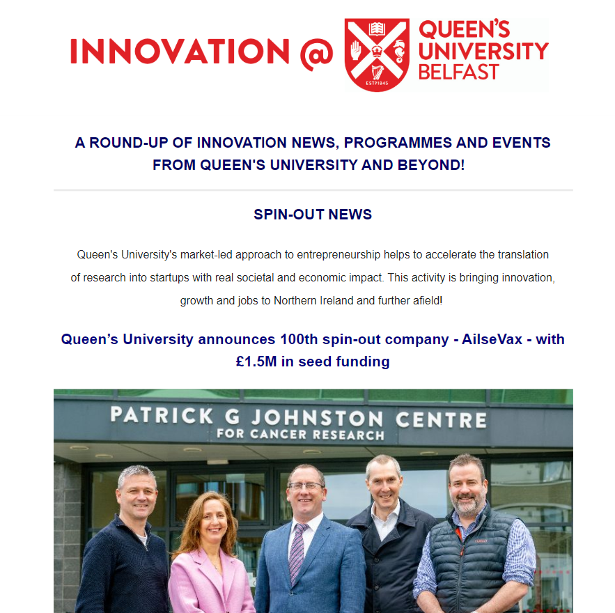 📢 Read the latest Innovation news from @QUBelfast here! Click here: 👉mailchi.mp/qub/innovation… 💡 Spinout News 💡 Innovation Programmes 💡 Belfast Region City Deal 💡 Research Innovation And more! Share, like & subscribe! #innovation #Entrepreneurship #research #impact