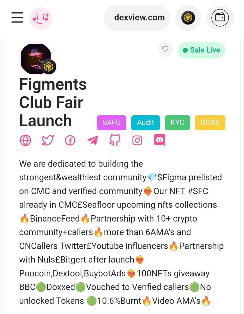 I am participating in @FigmentsClub fair launch

SAFU, AUDIT,KYC and Team is DOXX 

This is not a paid promotion.

If you wish to participate use the link 👇👇

pinksale.finance/launchpad/0x12…

NFA, DYOR
