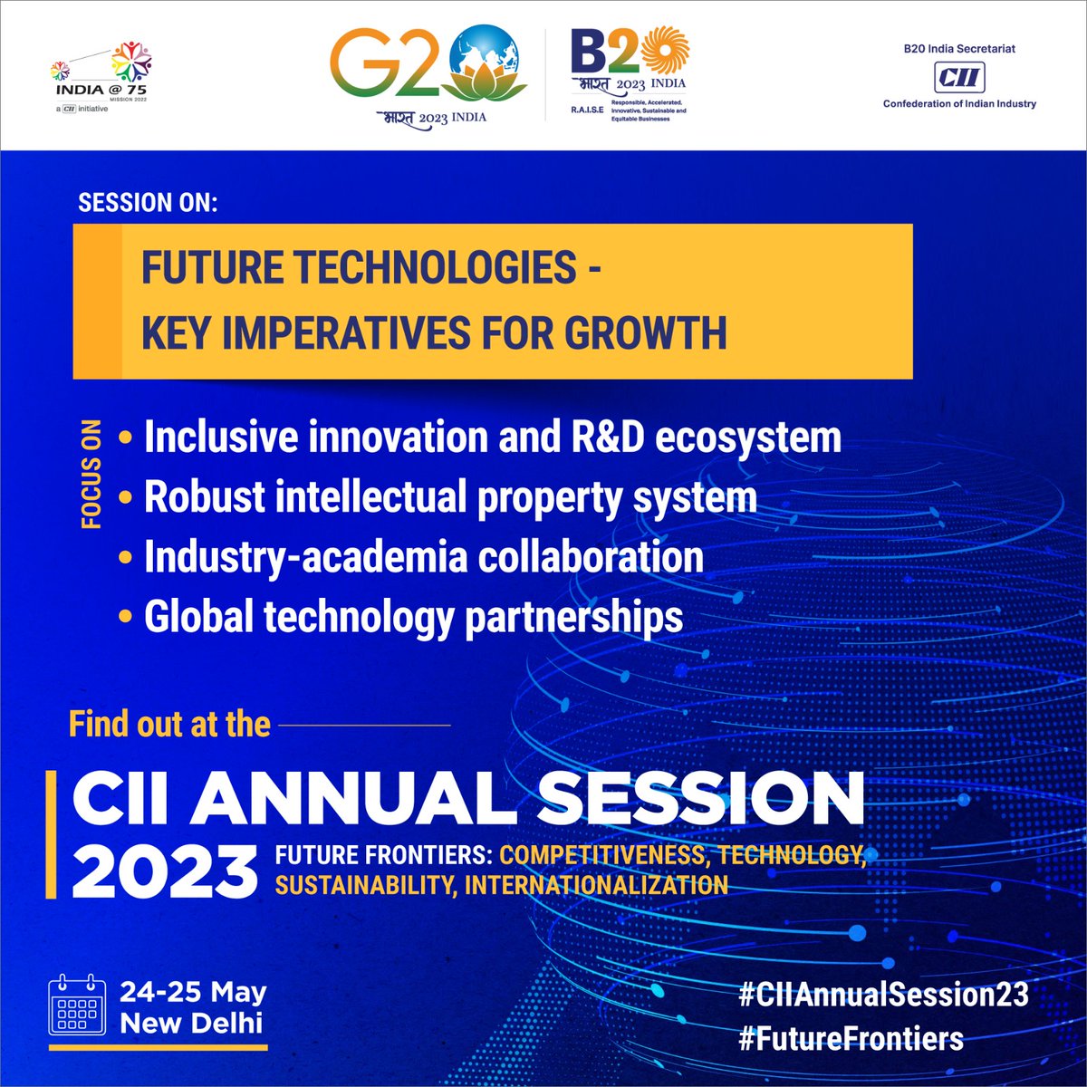 #StayTuned as decision makers & thought leaders deliberate on the ‘Future Technologies - Key Imperatives for Growth' at the #CIIAnnualSession23.
Visit➡ ciiannualsession.in/index.html 
#FutureFrontiers #technology #sustainability #development