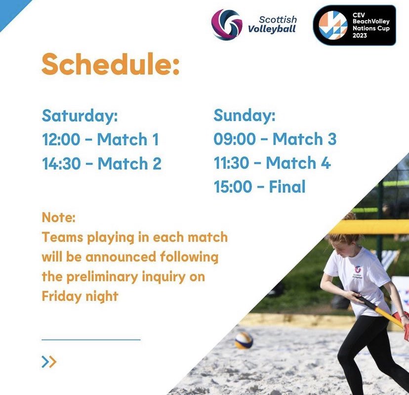 Lynne Beattie (@beats_10) on Twitter photo International Beach Volleyball on your doorstep this weekend with some of the world’s best coming to 🏴 for the <a href="/CEVolleyball/">European Volleyball</a> Nations Cup #Paris2024 Olympic Qualification Round 1 💪
📍 Kyle Academy <a href="/ActiveSA_SAC/">Active South Ayrshire</a>
#BeachVolleyball <a href="/scottishvb/">Scottish Volleyball</a> International Beach Volleyball on your doorstep this weekend with some of the world’s best coming to 🏴 for the <a href="/CEVolleyball/">European Volleyball</a> Nations Cup #Paris2024 Olympic Qualification Round 1 💪
📍 Kyle Academy <a href="/ActiveSA_SAC/">Active South Ayrshire</a>
#BeachVolleyball <a href="/scottishvb/">Scottish Volleyball</a>