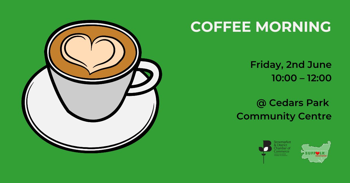For June's coffee morning, we are back at Cedars Park Community Centre, in Pintail Close, Stowmarket - join us for some good coffee and networking! ☕

We are meeting Friday, June 2, from 10 am. 

Book your ticket here: eventbrite.co.uk/e/stowmarket-c…

#Stowmarket #Coffee
