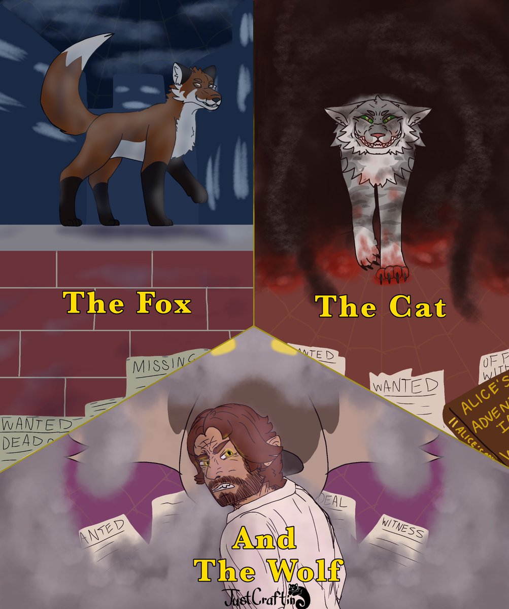 The official cover art for The Fox, the Cat, and the Wolf which you should totally read here: archiveofourown.org/works/41657166…

(Ft @fusgia_‘s character Chessur)

#myart #ArtistOnTwitter #twaudes 
#thewolfamongus #tftctw