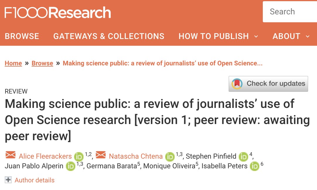 I'm so excited to see our review of journalists' use of #openscience research finally out in the world

We read a huge pile of #scicomm &amp; #scholcomm research to try to understand how journos use preprints and #openaccess papers

Here's what we found... 🧵

f1000research.com/articles/12-51…