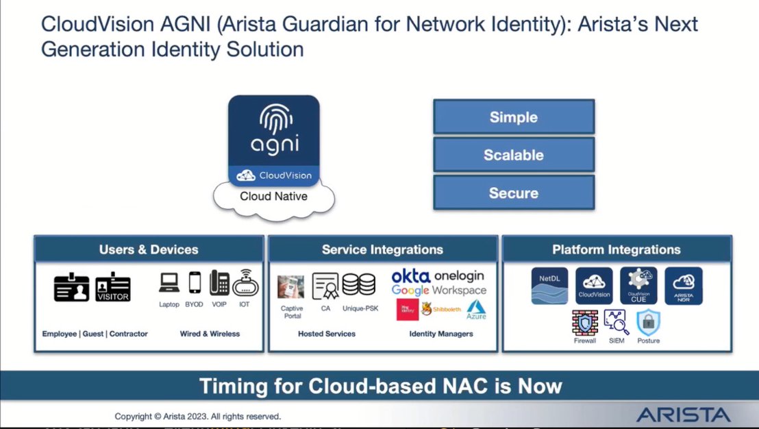 troymart's tweet photo. Cloud-based NAC from @AristaNetworks AGNI (Arista Guardian for Network Identity). 
Next generation Identify Solution.
#MFD9 https://t.co/pUQEn9kESt