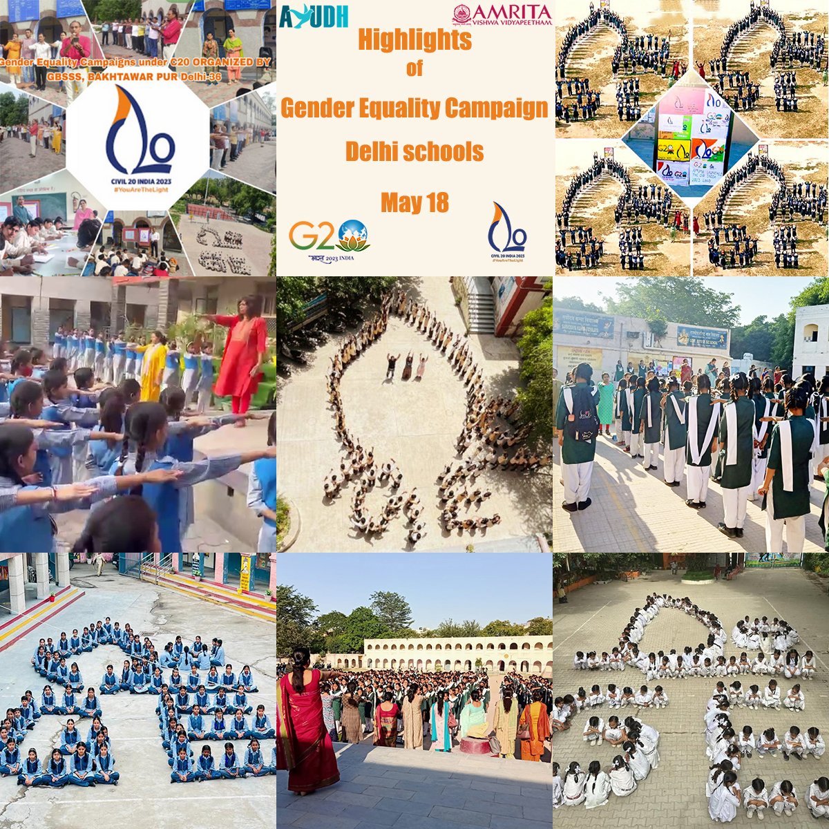 ammachilabs's tweet photo. #GenderEquality campaigns in Delhi schoolsby #C20 Gender Equality working group. Conducted by around 2000 schools & includes human formation of the C20 logo & online nominations for the #OneMillionLights campaign. #C20India #G20 #HumanFormation #C20HumanLogoGE #YouAreTheLight https://t.co/qdVpNC7zts