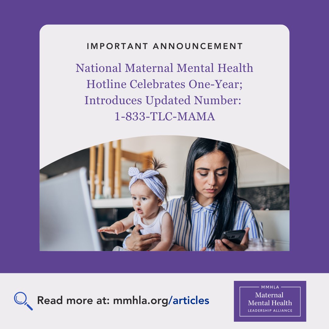 MMHLA2's tweet photo. NEWS! The National Maternal Mental Health Hotline has updated its phone number! It's now 1-833-TLC-MAMA (1-833-852-6262). Read more about the latest stats, background about the Hotline, and a webinar on Monday 5/22 hosted by the Hotline's admin @HRSAgov. https://t.co/lBKU5pa3oH https://t.co/aX00cBTyLj