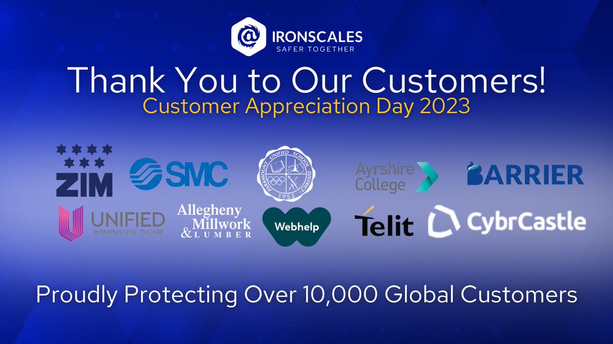 IRONSCALES's tweet photo. 🎉 Happy #CustomerAppreciationDay! 🎉
To our incredible customers: You are at the heart of everything we do. We're honored to be your trusted email security provider. Thank you for choosing #IRONSCALES. Your success is our mission.
🔗: https://t.co/5J3qciN4sH https://t.co/cO5HMIrSVI