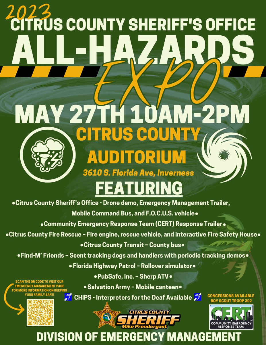SheriffCitrus's tweet photo. โ ๏ธ๐ALL-HAZARDS EXPO โ ๏ธ๐
Citrus, don't forget - our All-Hazards Expo is soon! Join us on May 27th for information on how to keep you and your family safe with demos and booths on topics such as severe weather, medical needs, and more.
#AllHazardsExpo #CCSOConnecting
(1734) https://t.co/xHFLMAylDI