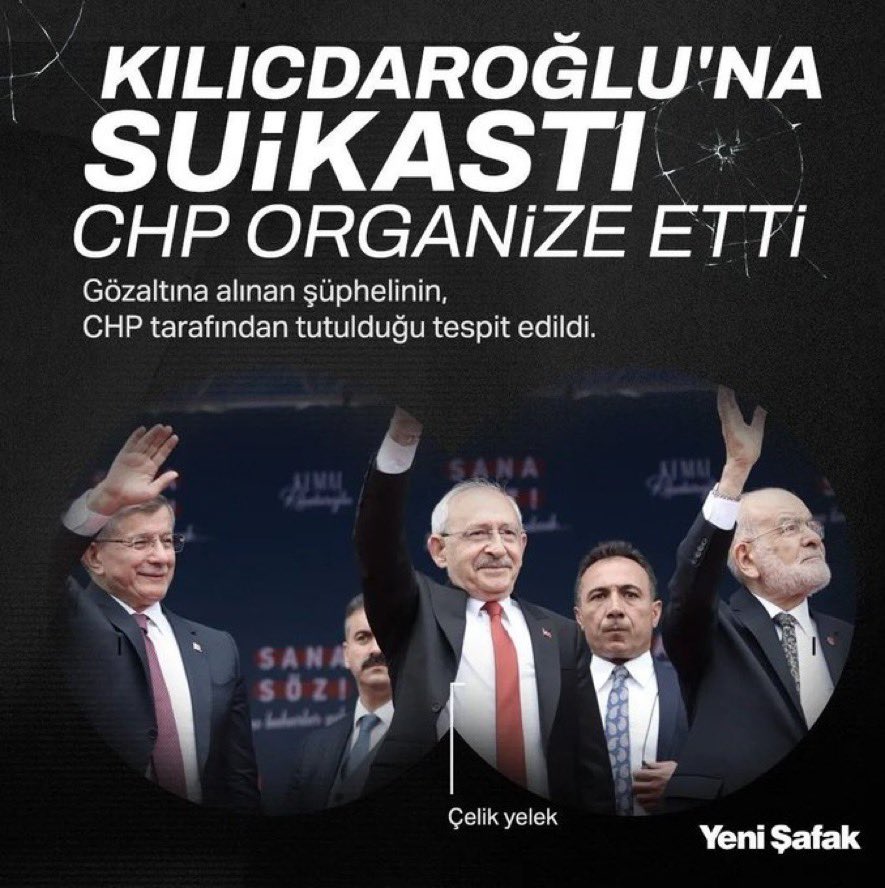 06melihgokcek's tweet photo. KILIÇDAROĞLU’NA SÜIKAST İDDİASI KENDİ KURGULARI ÇIKTI…

İŞTE KONU İLE İLGİLİ HABER…
Suikast kurgusu CHP organizasyonu çıktı! Kılıçdaroğlu önce şikayet etti kendi adamları çıkınca şikayeti geri aldı

14 Mayıs Cumhurbaşkanlığı ve Milletvekilliği seçimlerin öncesinde 7'li koalisyonun Cumhurbaşkanı adayı Kemal Kılıçdaroğlu'nun Samsun'da çelik yelek giydiği haberleri sızdırılarak Kılıçdaroğlu'nun suikaste uğrayacağı algısı yapıldı. Ankara Tandoğan mitinginde ise miting alanının fotoğraflarını çeken emekli özel kuvvetler mensubu gözaltına alındı. Kemal Kılıçdaroğlu adına dilekçe veren avukatı, Kılıçdaroğlu hakkında suikast iddialarının olduğunu gözaltına alınan emekli askerinde bu suikastlerle bağlantılı olduğunu belirten dilekçe verdi. Ankara Emniyeti tarafından gözaltına alınan emekli özel kuvvetler mensubunun telefonunu inceleyen polis, şüphelinin CHP tarafından bir güvenlik şirketi aracılığıyla tutulduğunu ortaya çıkardı. Polis, emekli askerin CHP ile bütün bağlantılarını deşifre edince Kılıçdaroğlu'nun avukatı ise apar topar yeniden dilekçe verip "telefonunun imajını almayın şikayetten vazgeçiyoruz" dedi.

￼
Perşembe 18.05.2023 09:24 
Güncelleme: Perşembe 18.05.2023 
Seçim öncesi birçok algı operasyonu yürüten CHP'nin çelik yelek kurgulu suikast iddiaları da balon çıktı. 7'li koalisyon adayı Kemal Kılıçdaroğlu'nun Samsun mitinginde çelik yelek giydiği haberleri yayılarak Kılıçdaroğlu'na yönelik suikast algısı oluşturulmuş, seçime iki gün kala Ankara Tandoğan'daki mitingde de Ekrem İmamoğlu'nun da çelik yelek giydiği görülmüştü. Seçim öncesinde mağduriyet yaratma çabasında olan Kılıçdaroğlu'na çelik yelek provokasyonu ile ilgili İçişleri Bakanı Süleyman Soylu'dan tepki gelmişti.