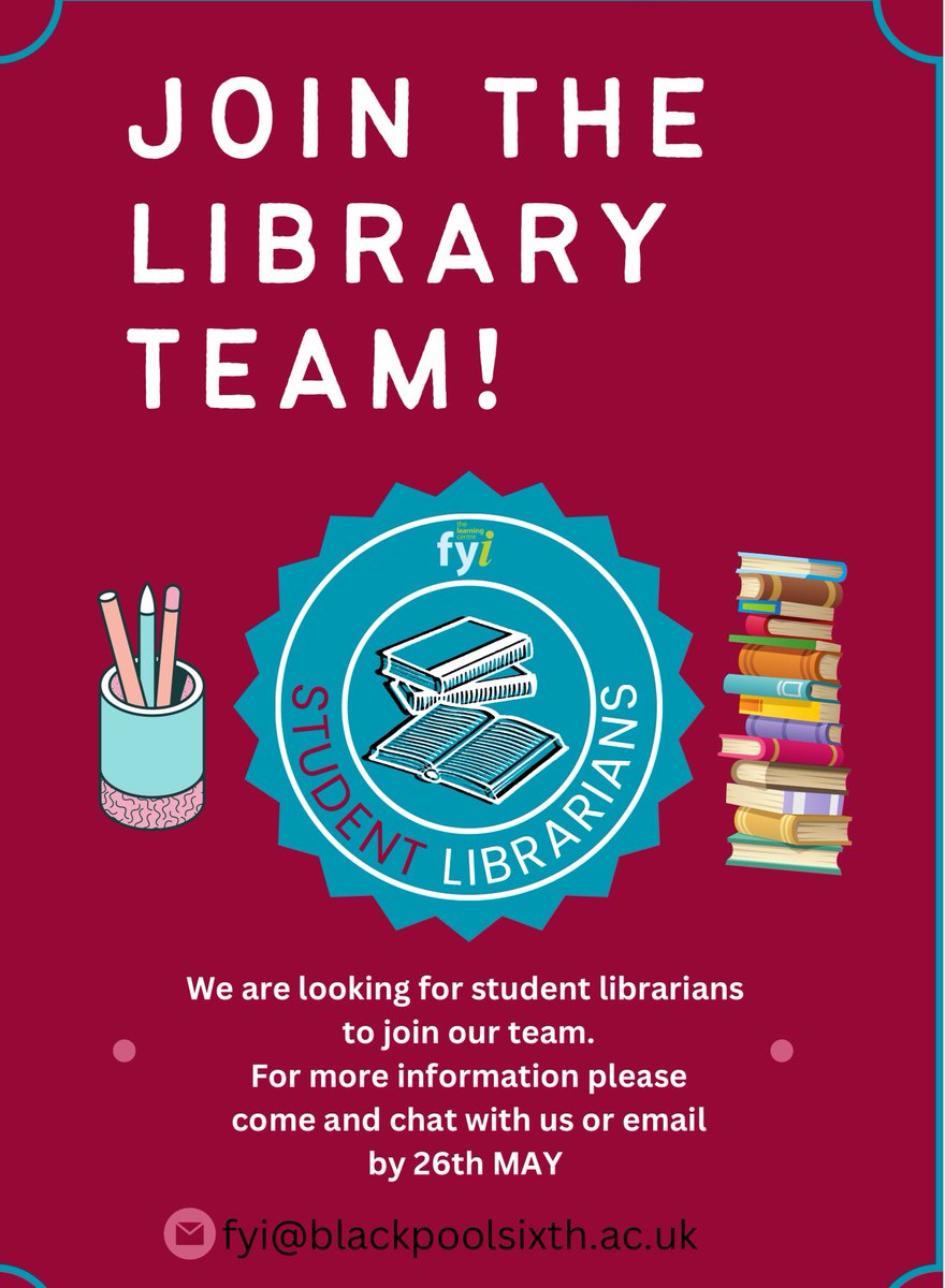 Are you interested in being a student librarian and gaining great skills to add to your CV? Email FYi@blackpoolsixth.ac.uk by 26th May or pop in for a chat. 
<a href="/BlackpoolSixth/">Blackpool Sixth</a> <a href="/EmployabilityB6/">Employability B6FC</a> #librarian #BuildingFutures #skills