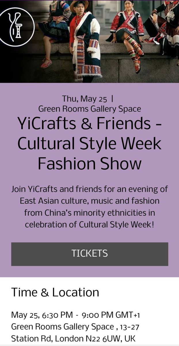 GameofTwElves's tweet photo. Win 2 Tickets!

🎎
Join YiCraft for an evening of East Asian Culture, Music and Fashion Show from China’s minority ethnicities.
🎎
Date: Thursday 25 May 2023
Time: 6:30pm - 9:00 pm GMT+1
Green Rooms Gallery Space
13-27 Station Road
London N22 6UW
UK

(Near Wood Green &amp; Harringay) https://t.co/Ovq1kFmNZL