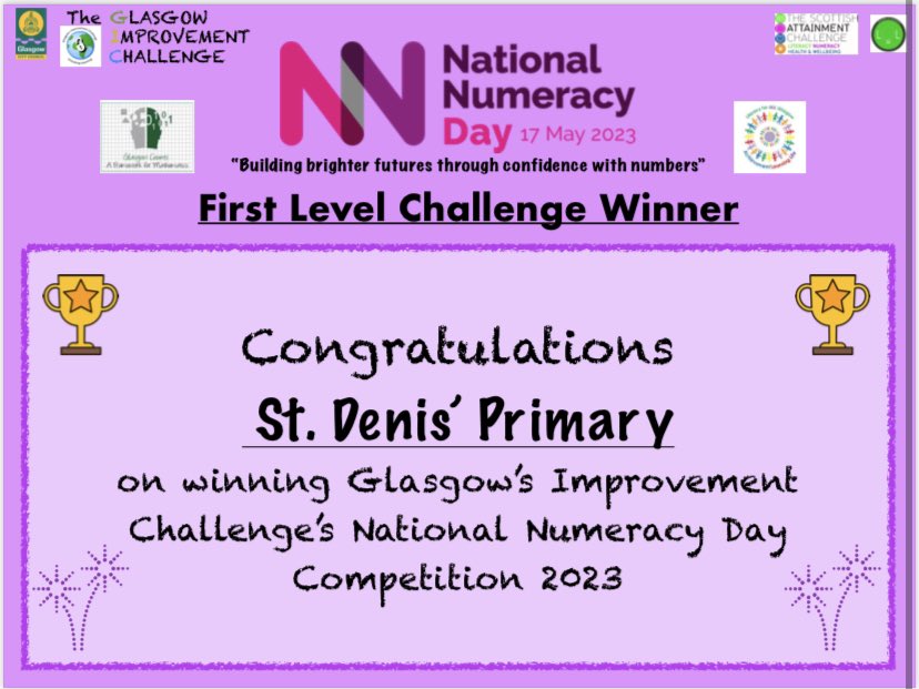 Congratulations to @St_Denis_PS on winning our First Level National Numeracy Day competition. We will deliver your resources and special certificate to your school in the next few weeks. Well done everyone 👏🏽🥇🔢. #BigNumberNatter @Nat_Numeracy @GIC_Glasgow @literacyfor_ALL