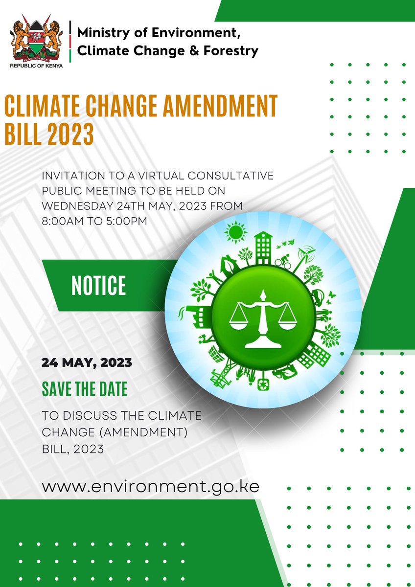 The Ministry of Environment, Climate Change and Forestry invites you to a virtual consultative public meeting to be held on 24th May 2023 from 8:00am to 5:00pm to discuss the Climate Change Amendment Bill 2023 #ClimateAction
The link for the meeting
👇👇
 …tryofenvironmentandforestry.webex.com/wbxmjs/joinser…