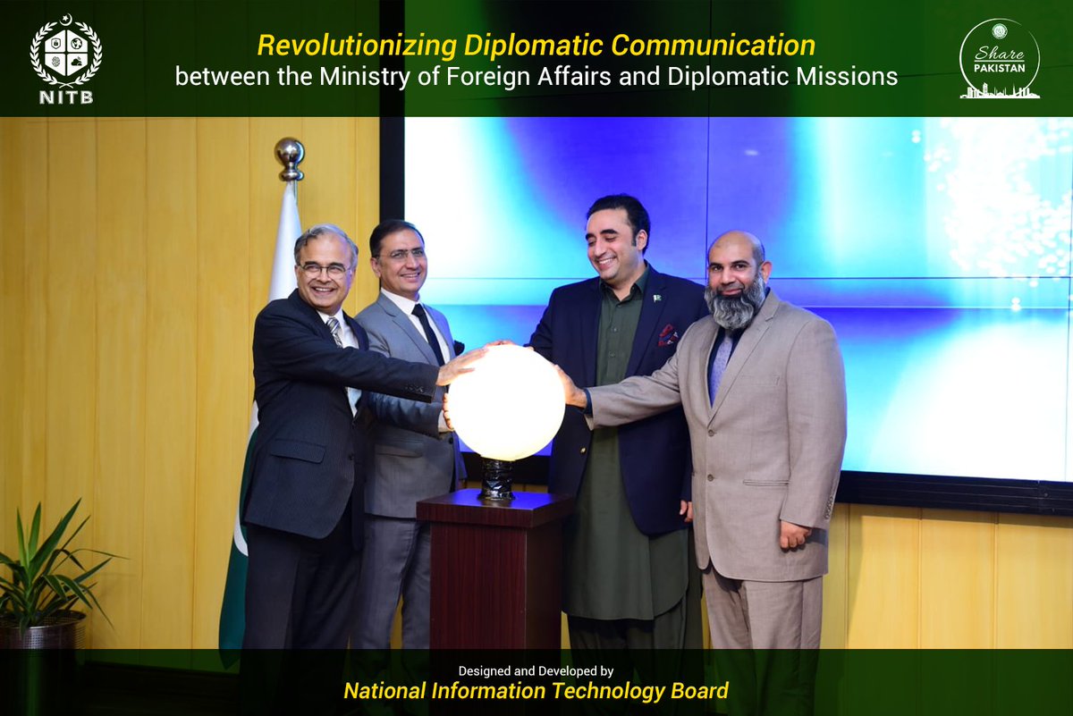 NationalITBoard's tweet photo. Introducing the Share Pakistan Portal, Powered by National IT Board and unveiled by Foreign Minister @BBhuttoZardari and @babermb CEO NITB, is a cutting-edge digital platform that strengthens the communication between the @ForeignOfficePk  &amp; its 100+ diplomatic missions globally. https://t.co/mnF3K16MnY