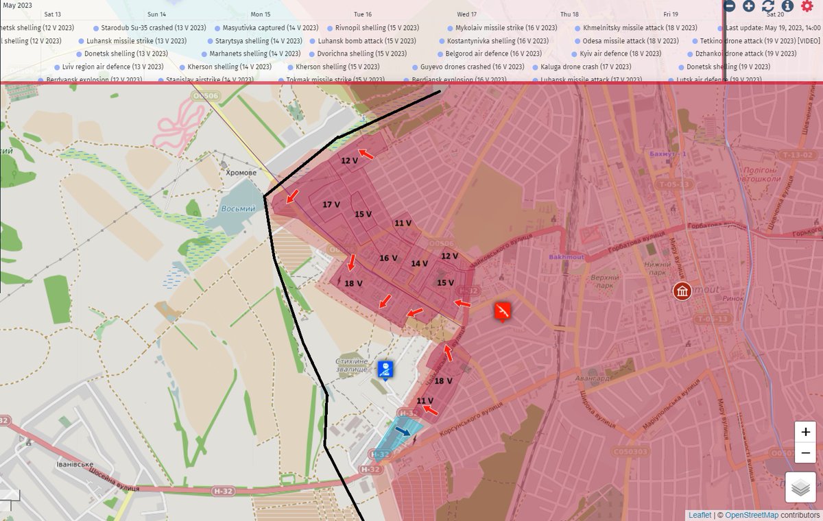 newsmap_pl's tweet photo. #Bakhmut SitRep - May 19, 2023:
▶️RUS captured Children Hospital and #Novyi dis.(control 98,5% of the town)
▶️AFU advanced towards #Klischiivka
INTERACTIVE MAP WITH TIMELINE: https://t.co/IIe8Og6tvB
#UkraineFrontLines #UkraineRussianWar #bakhmutmap #bakhmutnow https://t.co/SGaGiDE41f