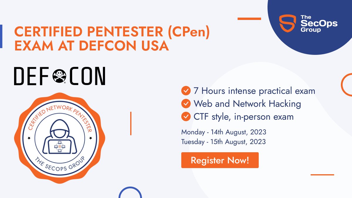 We are thrilled to announce our partnership with @defcon. Our Certified Pentester (CPen) exam is now available at Defcon USA.

Register below:

Monday, 14th August: training.defcon.org/products/monda…
Tuesday, 15th August: training.defcon.org/products/tuesd…