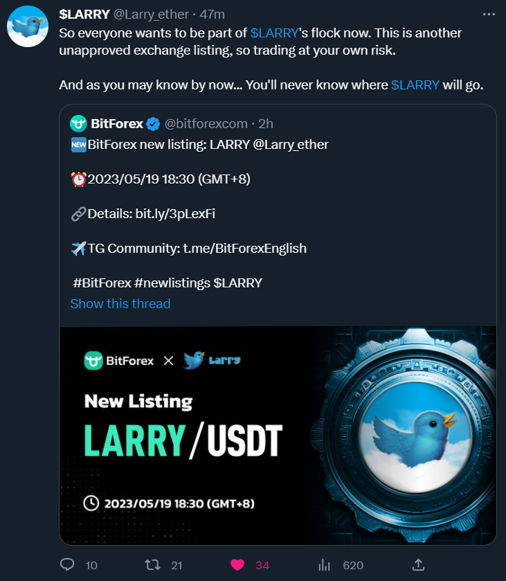 EricCryptoman's tweet photo. Not even 16hours since launch &amp; @_AscendEX @Poloniex &amp; @bitforexcom have all bought up $LARRY &amp; listed it for free without even talking to the team.

Interesting stuff indeed. Looks like these CEXs can see a winner &amp; want to get a share of that big volume before it starts.

Up. https://t.co/sAApiVEMm8
